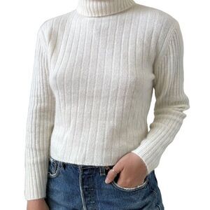 Vintage Y2K Womens White Angora Blend Fluffy Soft Cropped Sweater Ribbed Sz M